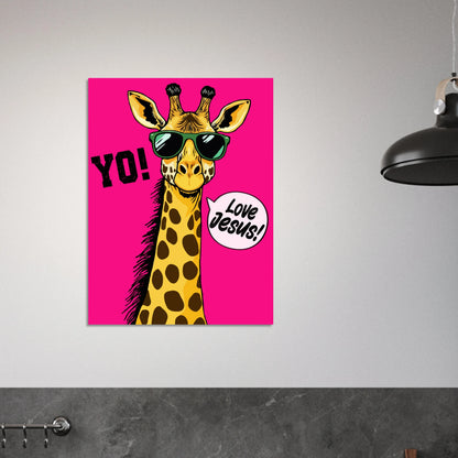 A colorful poster featuring a giraffe with sunglasses and a speech bubble that reads 'LOVE JESUS', set against a bold pink background displayed in a modern minimalist interior