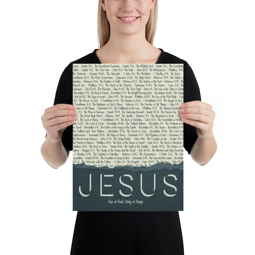 Person holding a poster with 'Jesus' text and mountain design