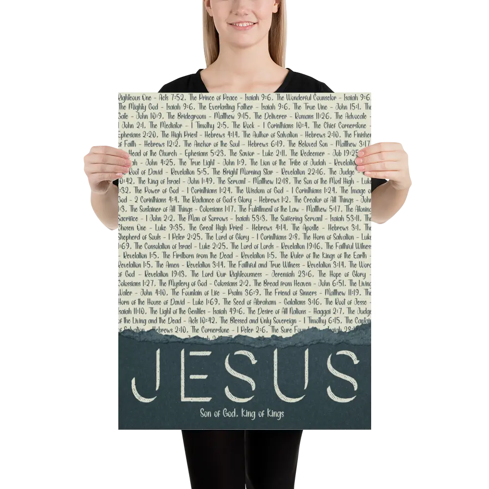 Person holding a large poster with text and 'Jesus' at the bottom