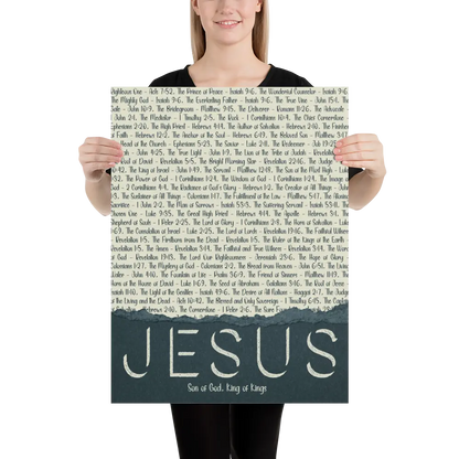 Person holding a large poster with text and 'Jesus' at the bottom