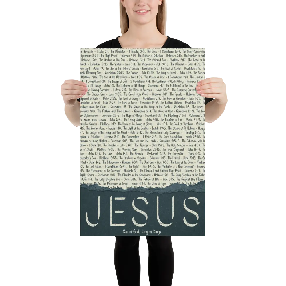 Person holding a large printed poster with text and 'Jesus' at the bottom.