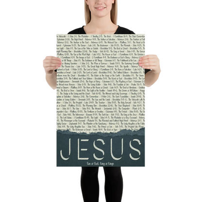 Person holding a large printed poster with text and 'Jesus' at the bottom.