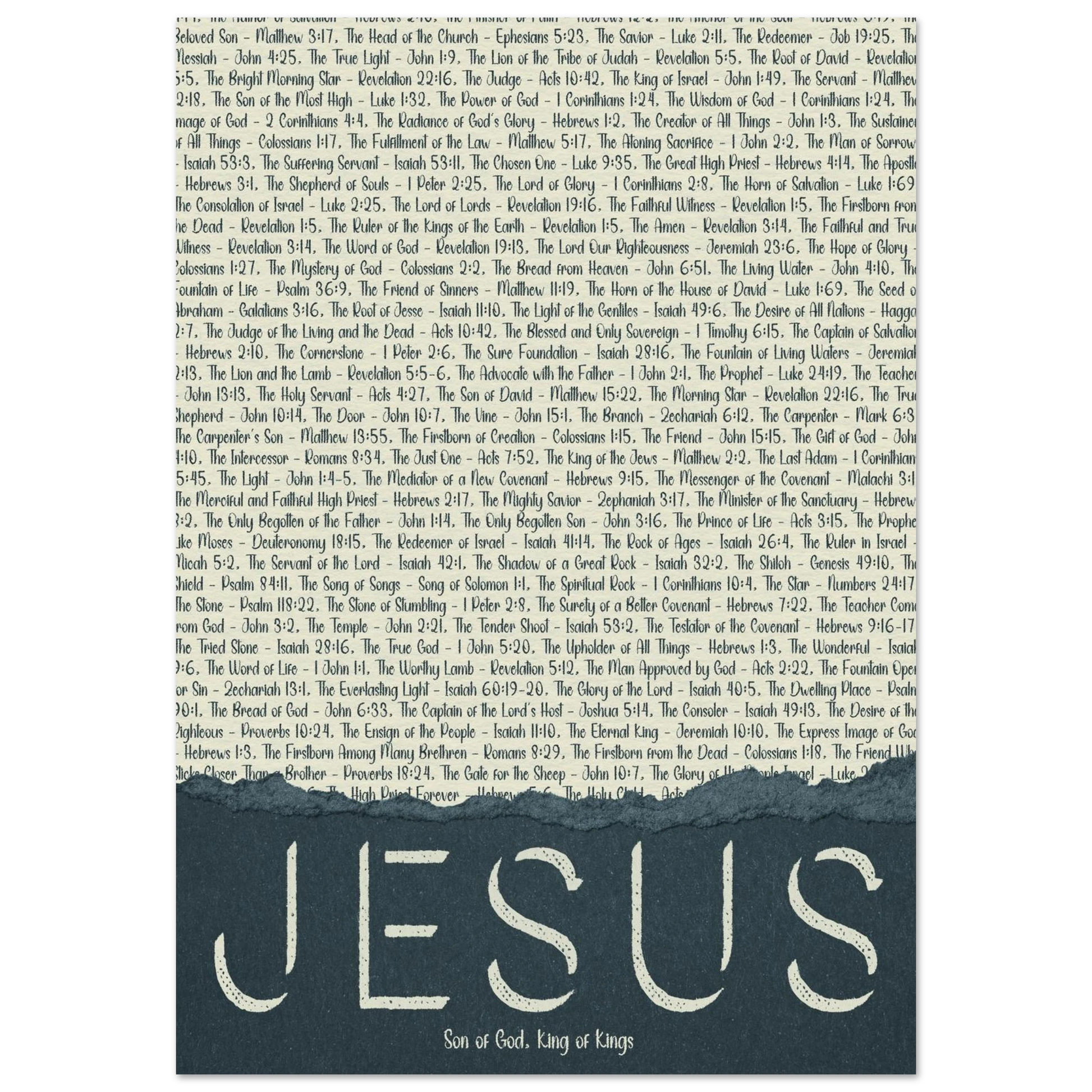 A poster featuring the name JESUS in large text with biblical titles of Christ in smaller text on a beige background, including scripture references.