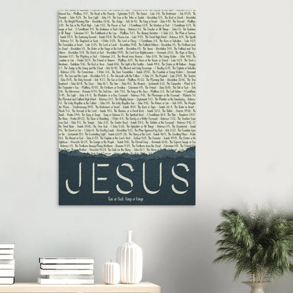 christian canvas wall art featuring the name jesus in large letters with scriptural titles above displayed in a modern living room above a wooden shelf with minimalist decor