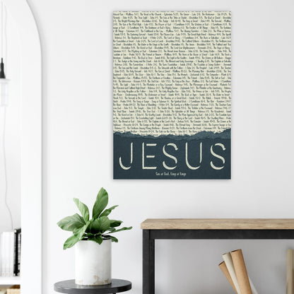 jesus typography canvas artwork shown in a bright minimalist room with a plant