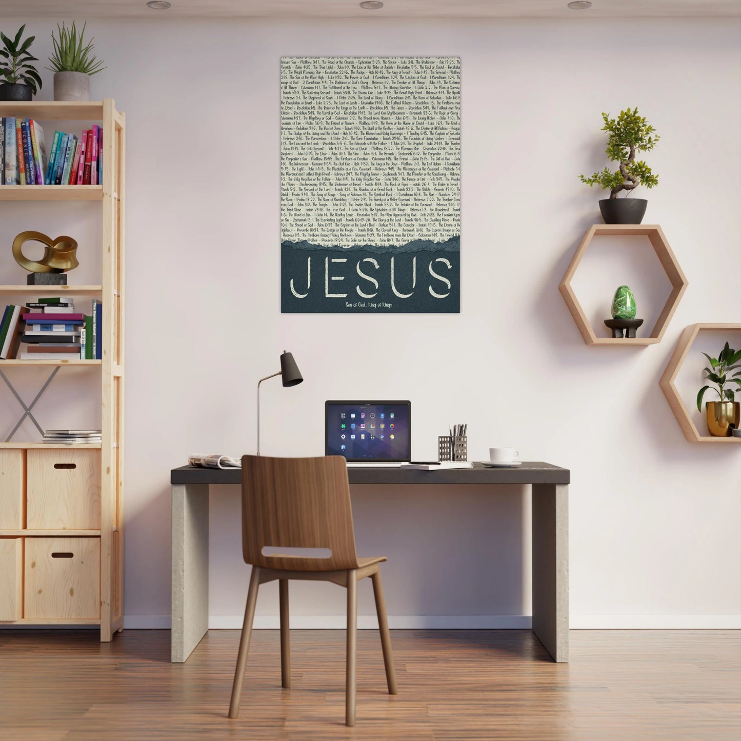 jesus christian wall art canvas featured in a modern workspace with shelves