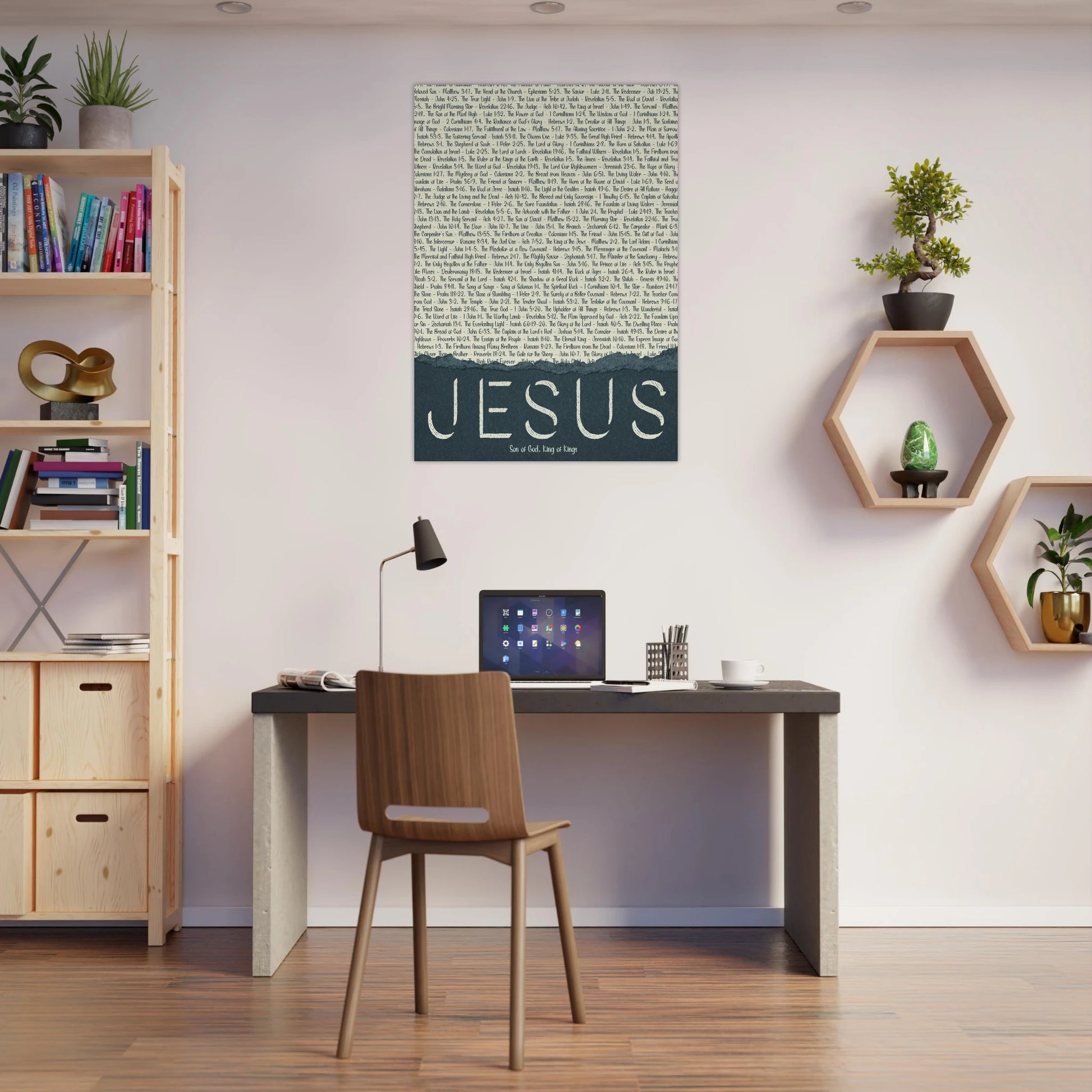 jesus christian wall art canvas featured in a modern workspace with shelves