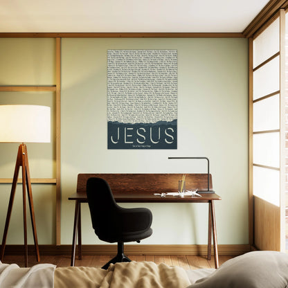 jesus names christian canvas displayed above a minimal home office desk