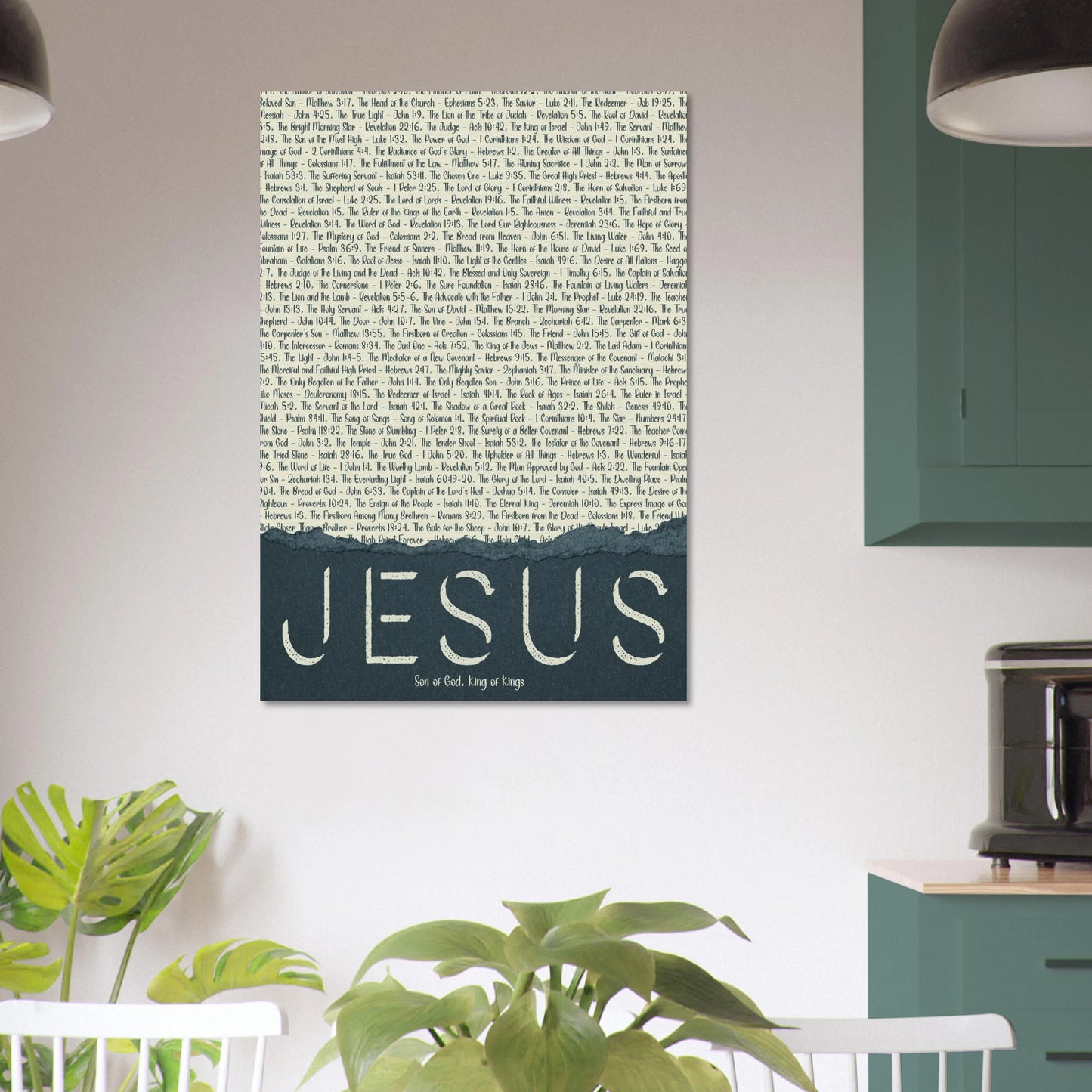 jesus typography christian canvas art hanging in a cozy living room with plants
