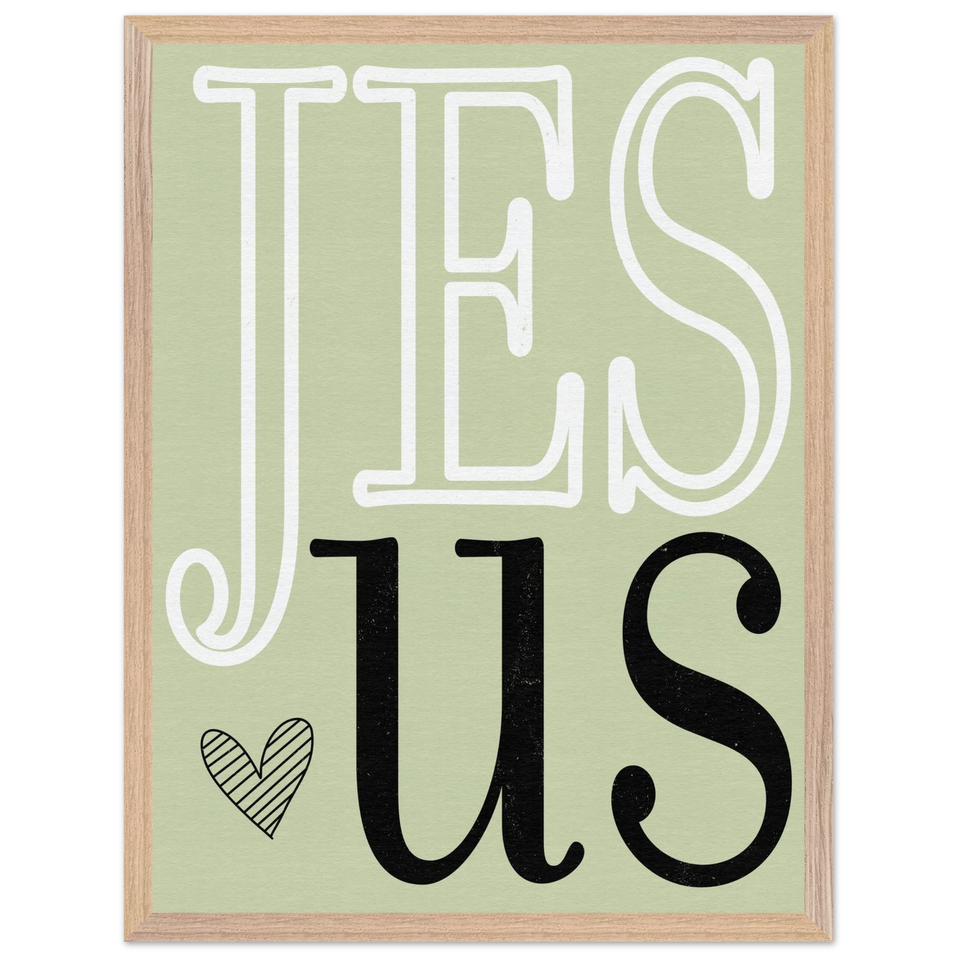 Decorative sign with 'Jesus' text on a light green background