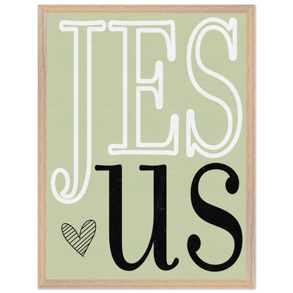 Decorative sign with 'Jesus' text on a light green background