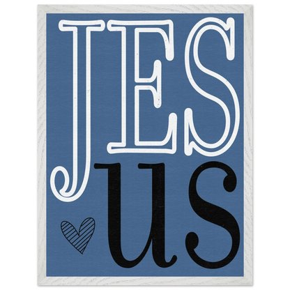 Blue background with 'JESUS' text in white and black