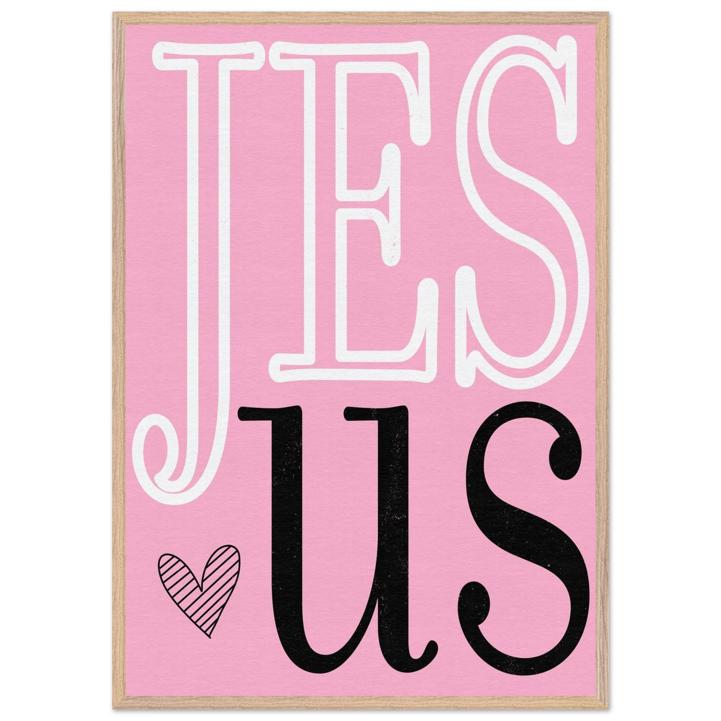 Pink poster with 'JESUS' text on a white background