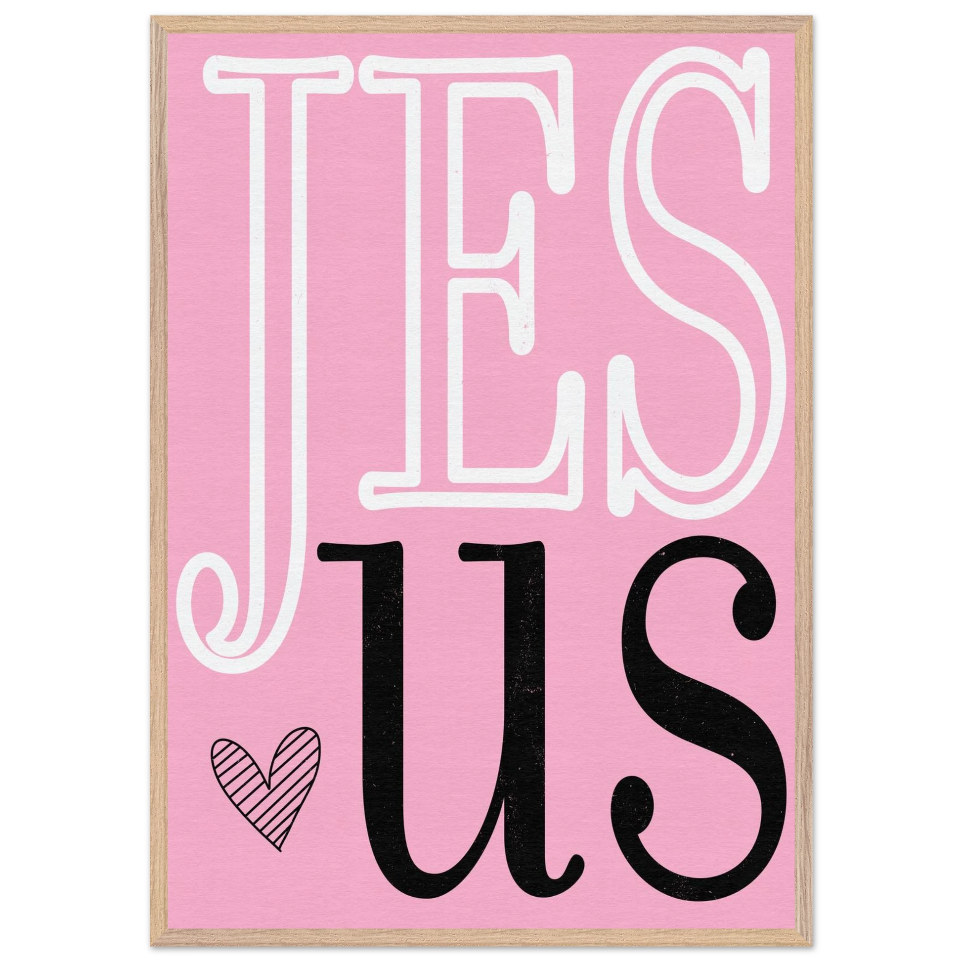Pink poster with 'JESUS' text on a white background