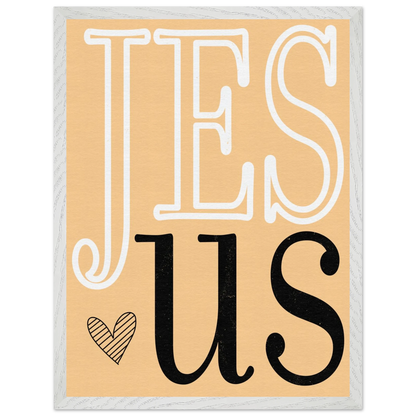 Card with 'Jesus' text in white and black on a beige background