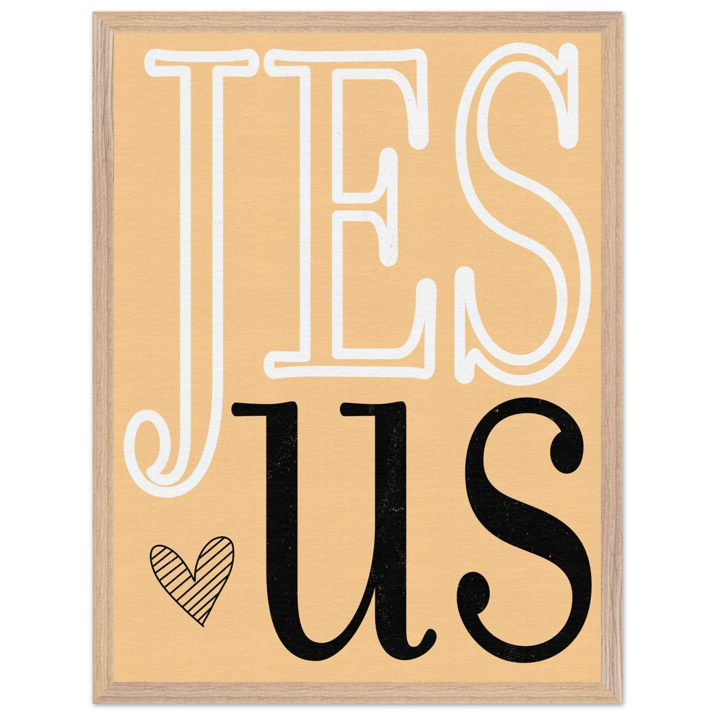 Decorative sign with 'Jesus' text on a beige background