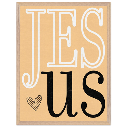 Decorative sign with 'Jesus' text on a beige background