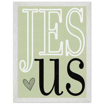 Decorative sign with 'Jesus' text on a light green background