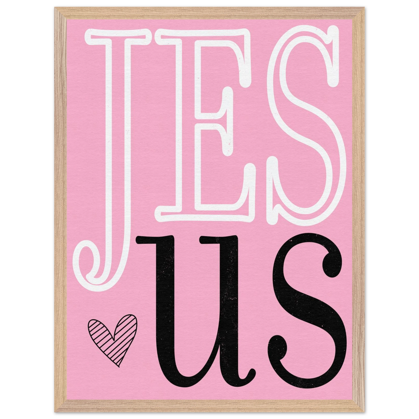 Framed artwork with 'JESUS' text on a pink background