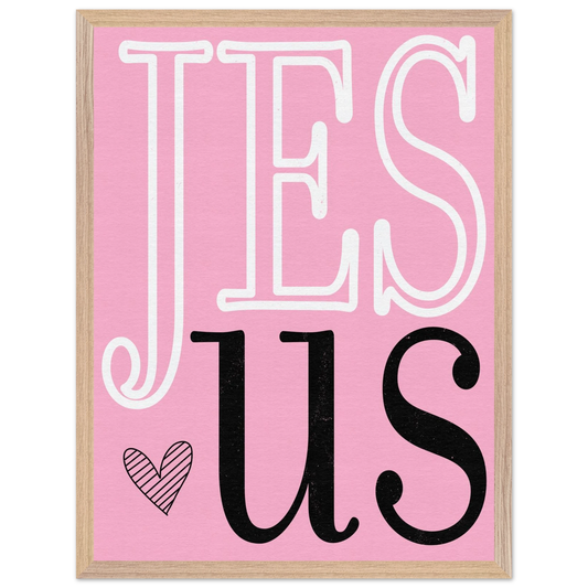 Framed artwork with 'JESUS' text on a pink background