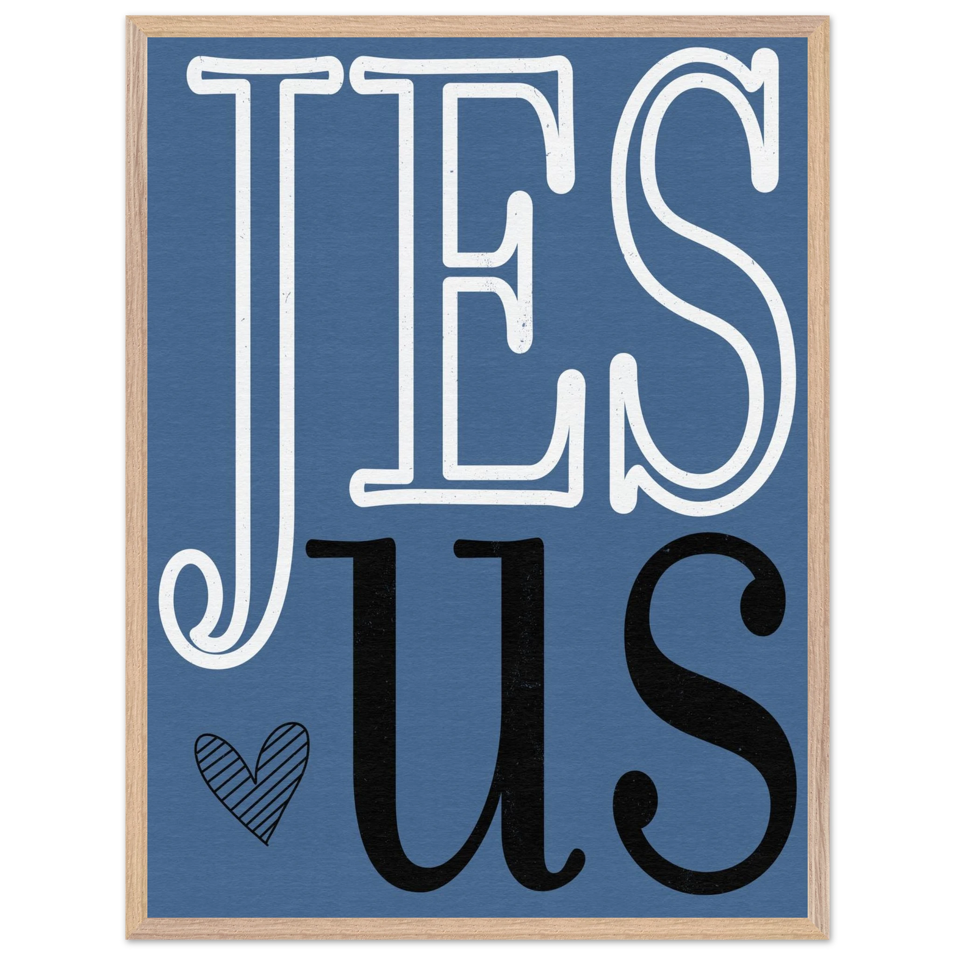 Framed artwork with 'JESUS' text on a blue background