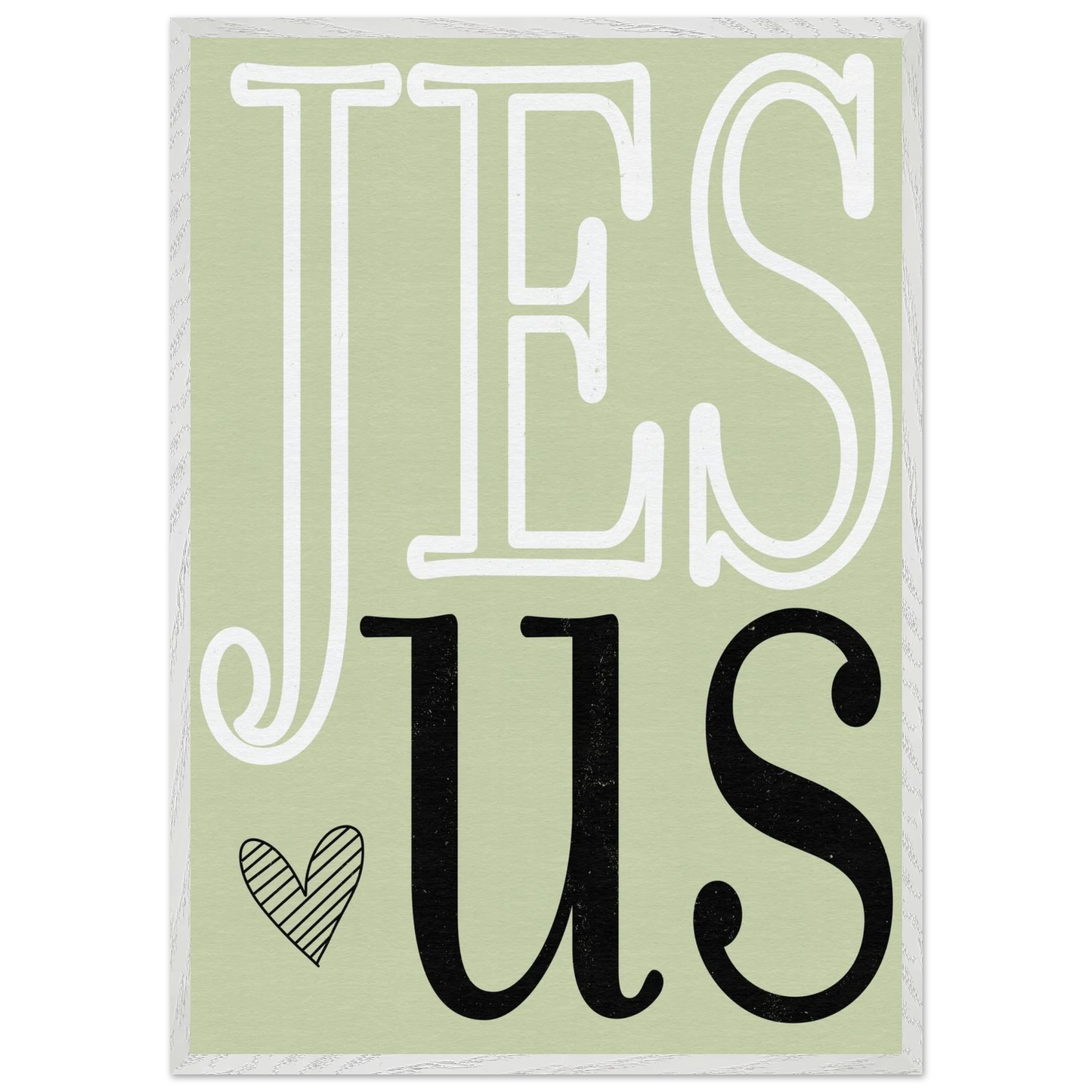 Decorative sign with 'JESUS' text on a light green background