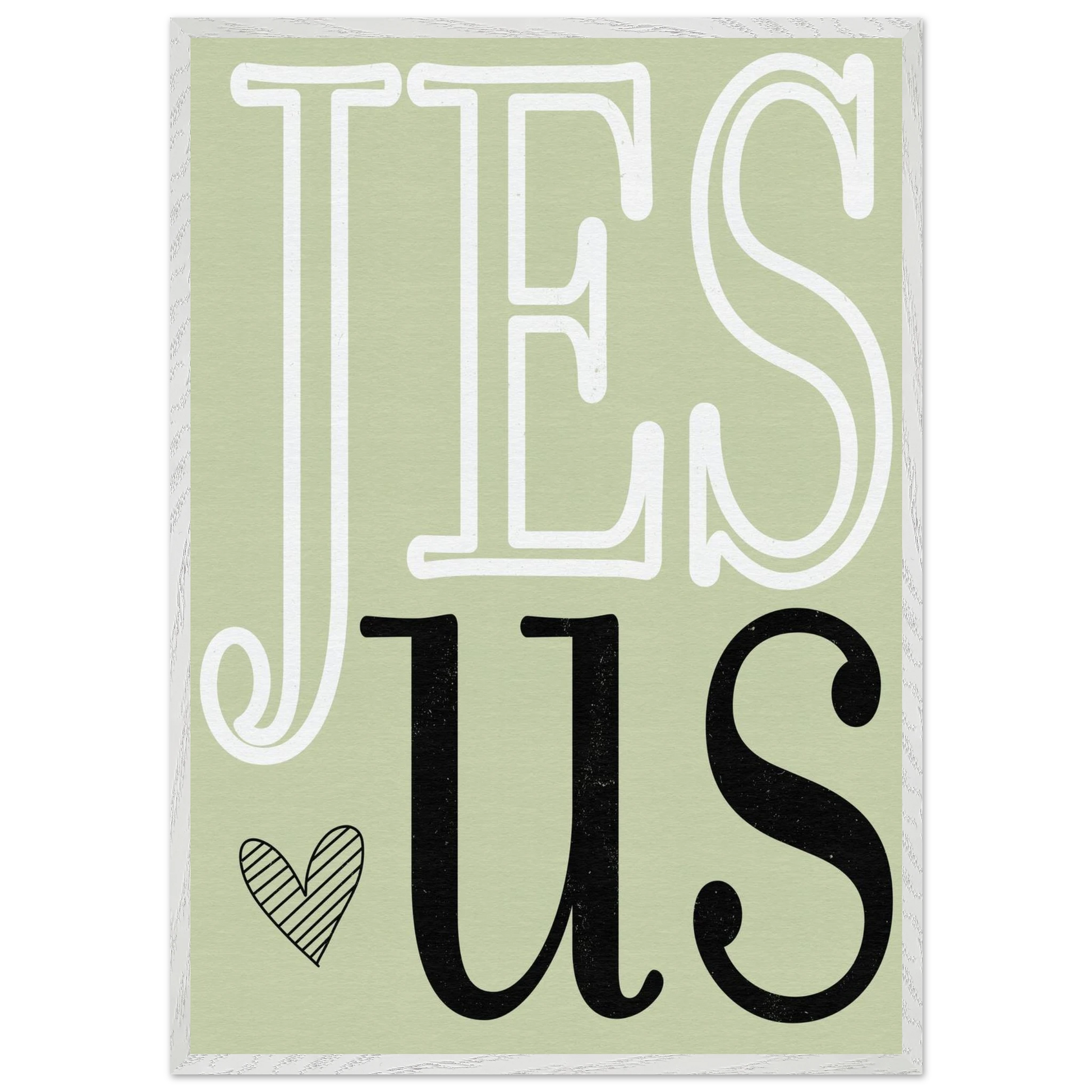 Decorative sign with 'JESUS' text on a light green background