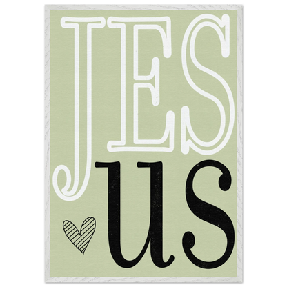 Decorative sign with 'JESUS' text on a light green background