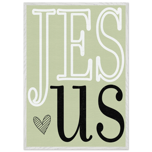 Decorative sign with 'JESUS' text on a light green background