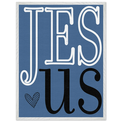 Blue poster with 'JESUS' text and a heart on a white background