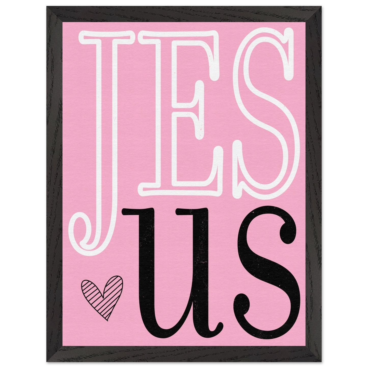 Framed artwork with 'JESUS' text on a pink background