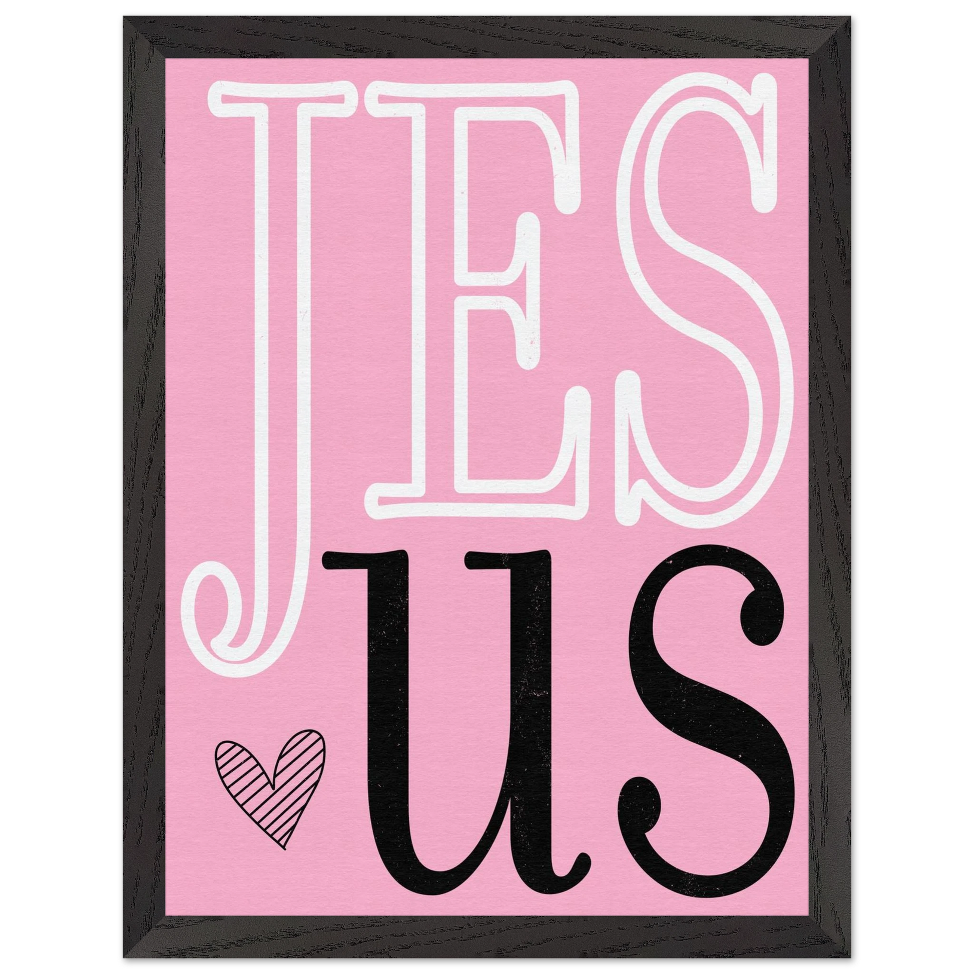Framed artwork with 'JESUS' text on a pink background