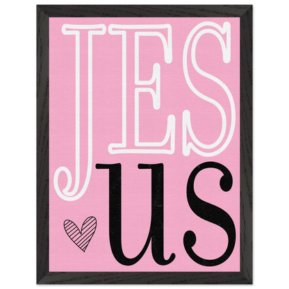 Framed artwork with 'JESUS' text on a pink background