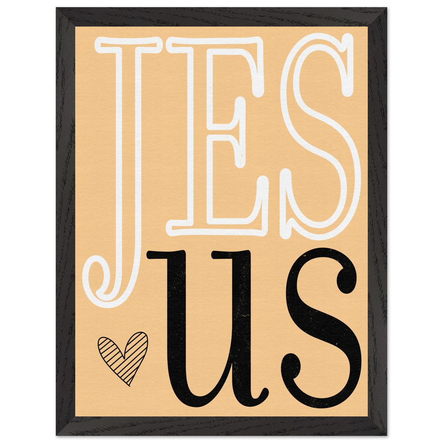 Framed artwork with 'JESUS' text on a beige background