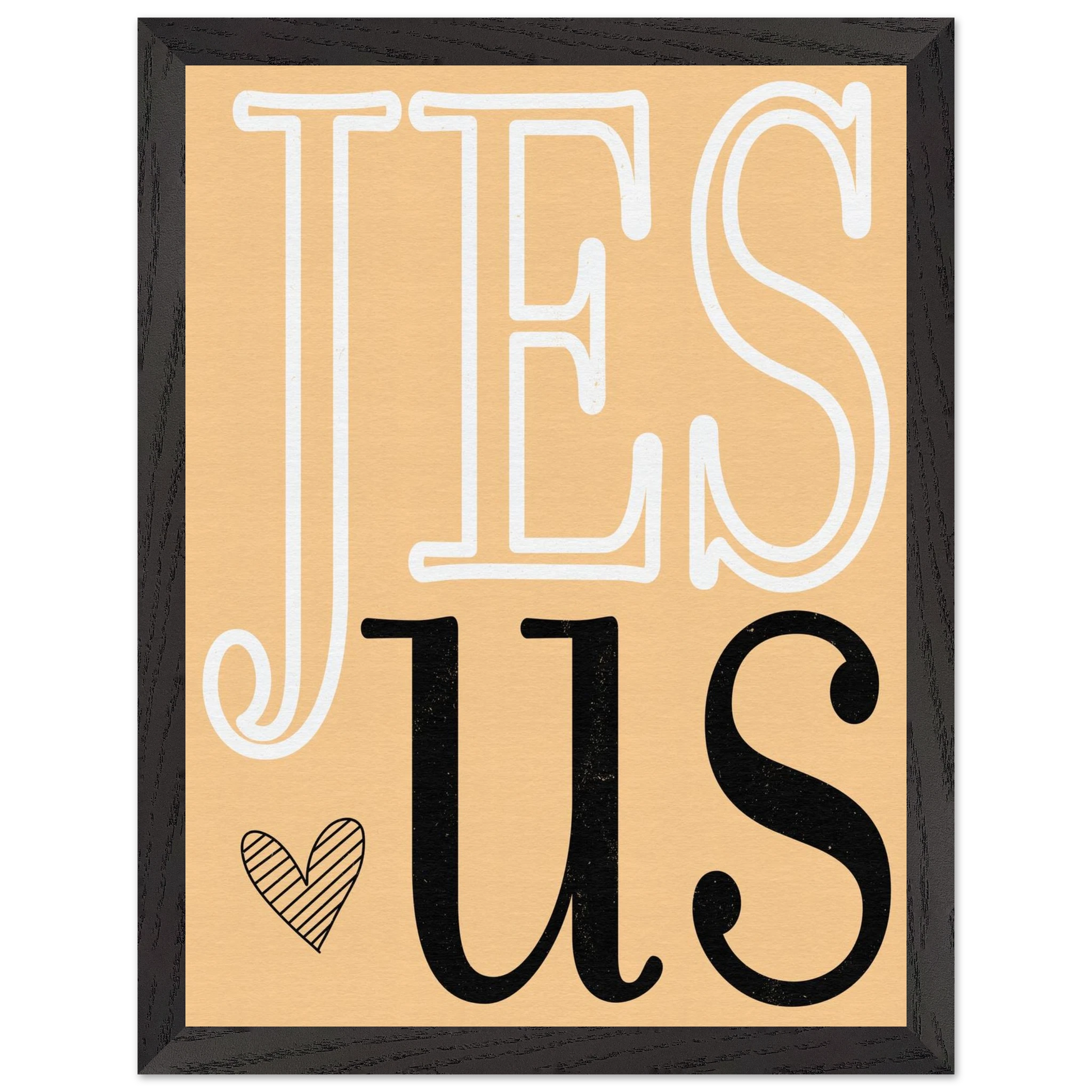 Framed artwork with 'JESUS' text on a beige background
