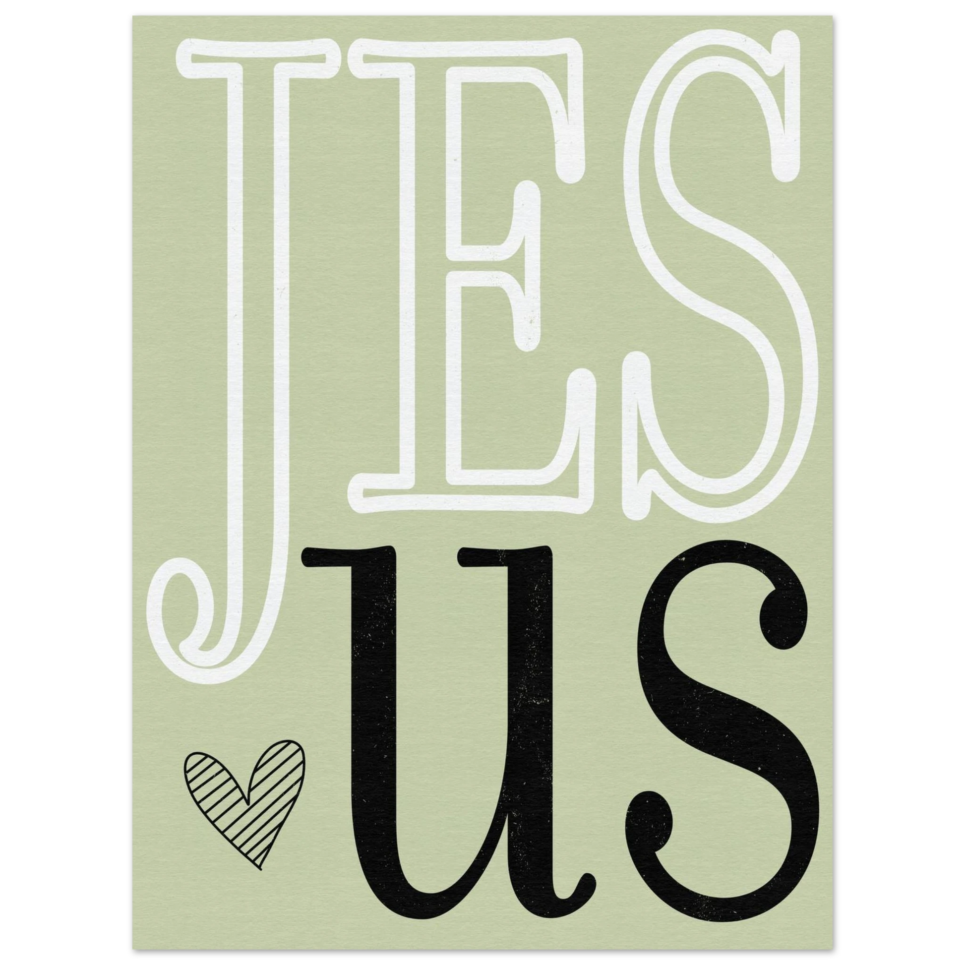 Text 'JESUS' with a heart symbol on a light green background