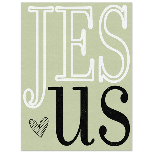 Text 'JESUS' with a heart symbol on a light green background