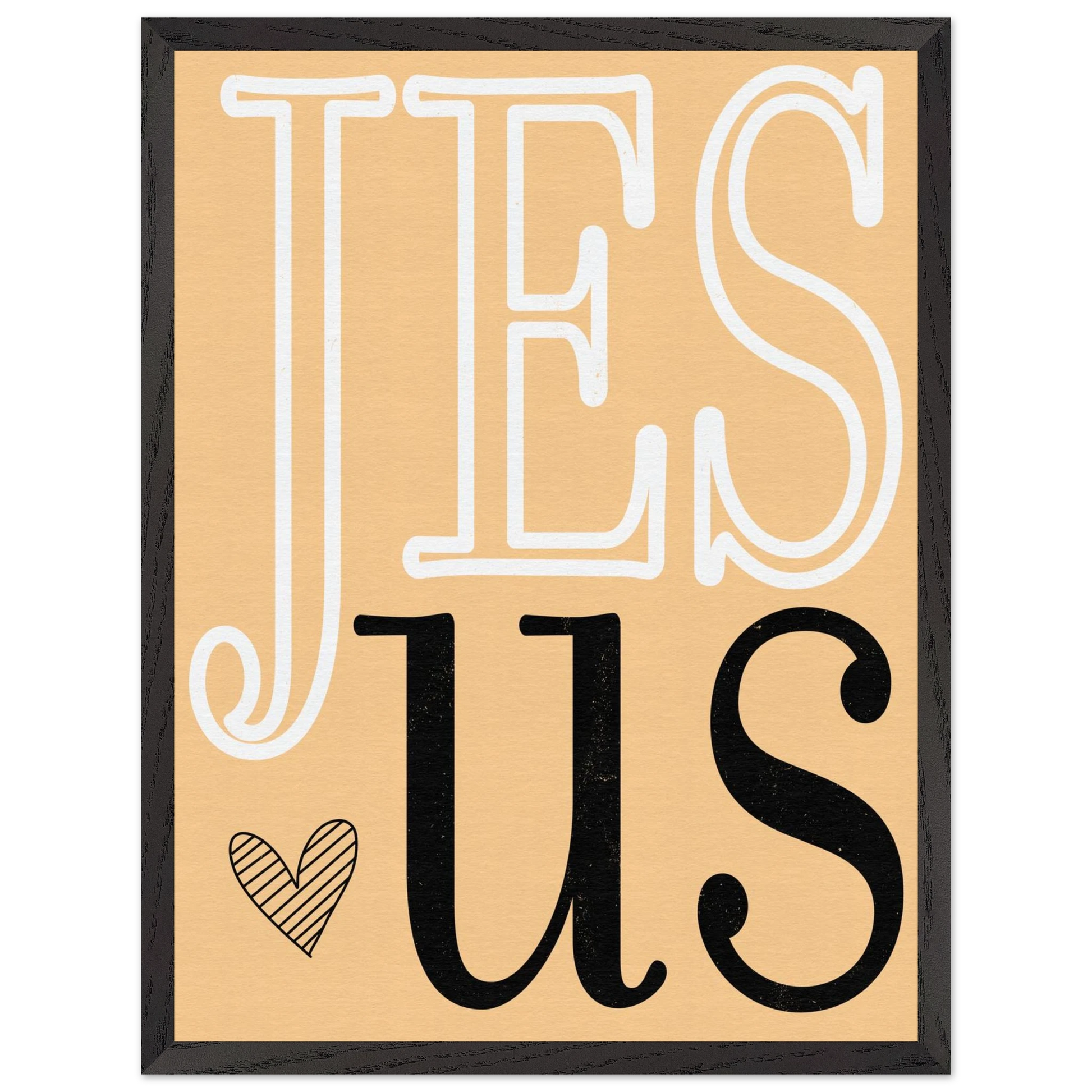 Framed artwork with 'Jesus' text on a beige background