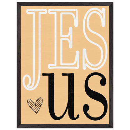 Framed artwork with 'Jesus' text on a beige background