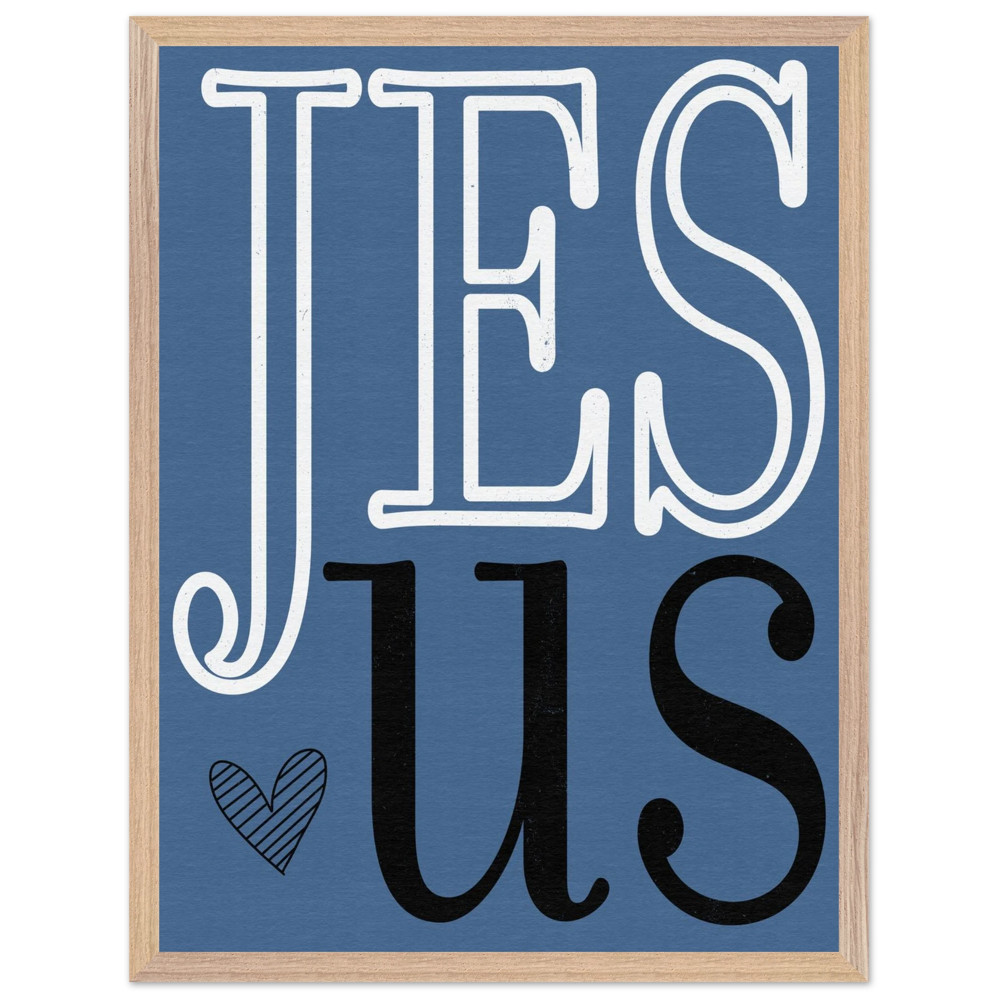 Framed artwork with 'JESUS' text on a blue background