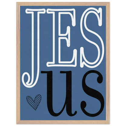 Framed artwork with 'JESUS' text on a blue background