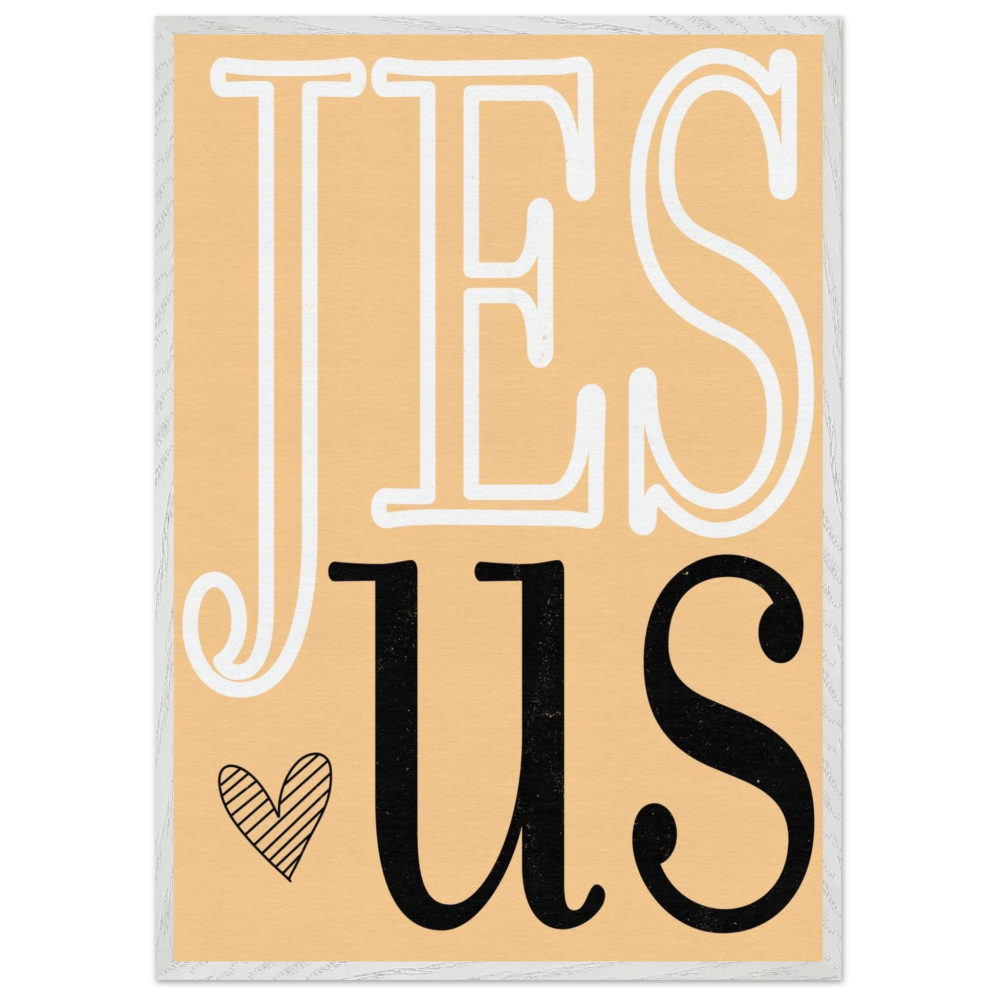 Decorative sign with 'JESUS' text on a beige background