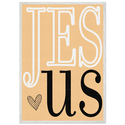 Decorative sign with 'JESUS' text on a beige background