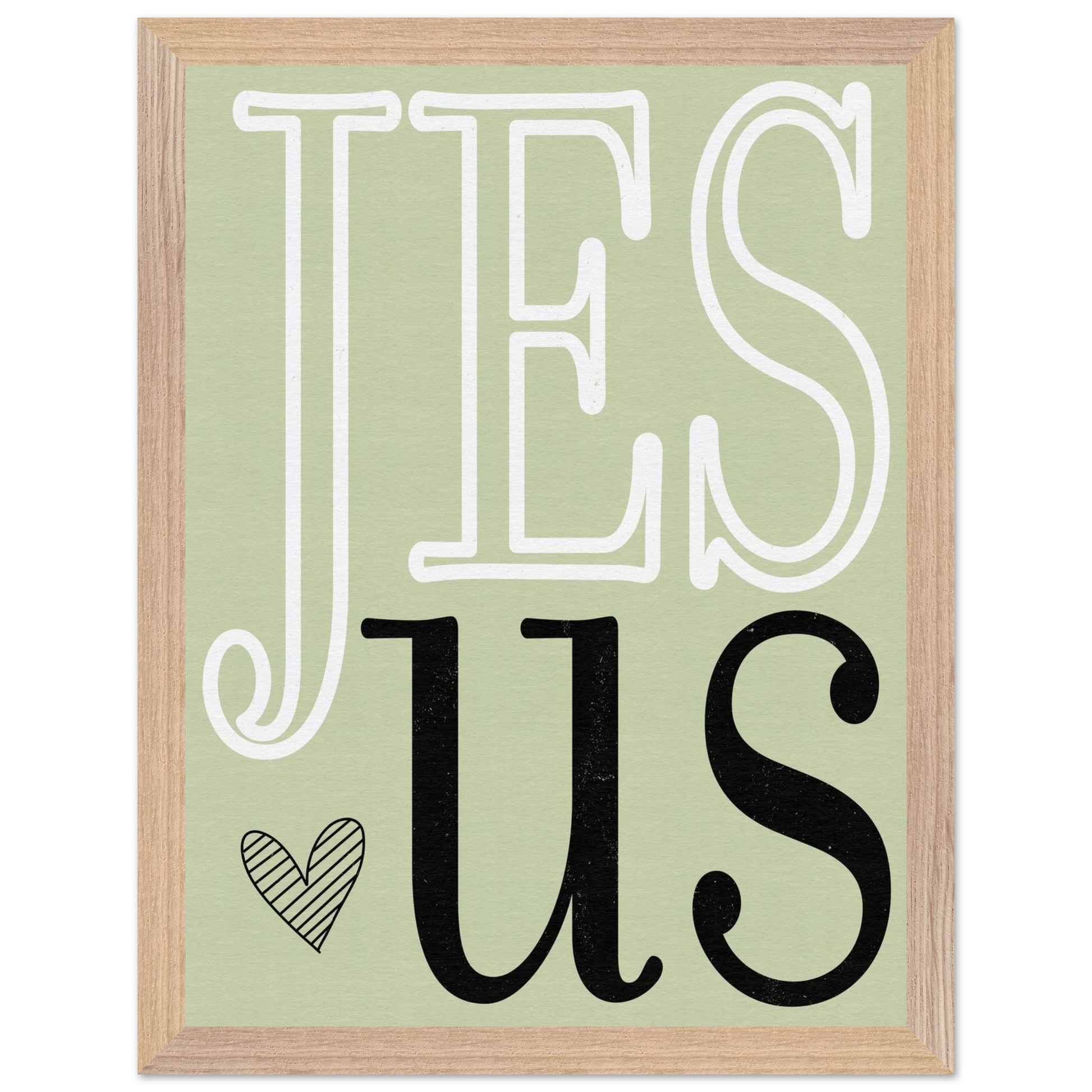 Framed artwork with 'Jesus' text on a green background