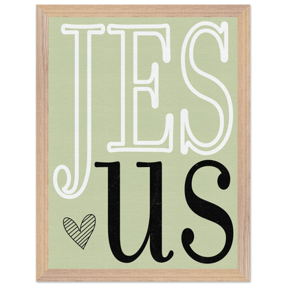 Framed artwork with 'Jesus' text on a green background