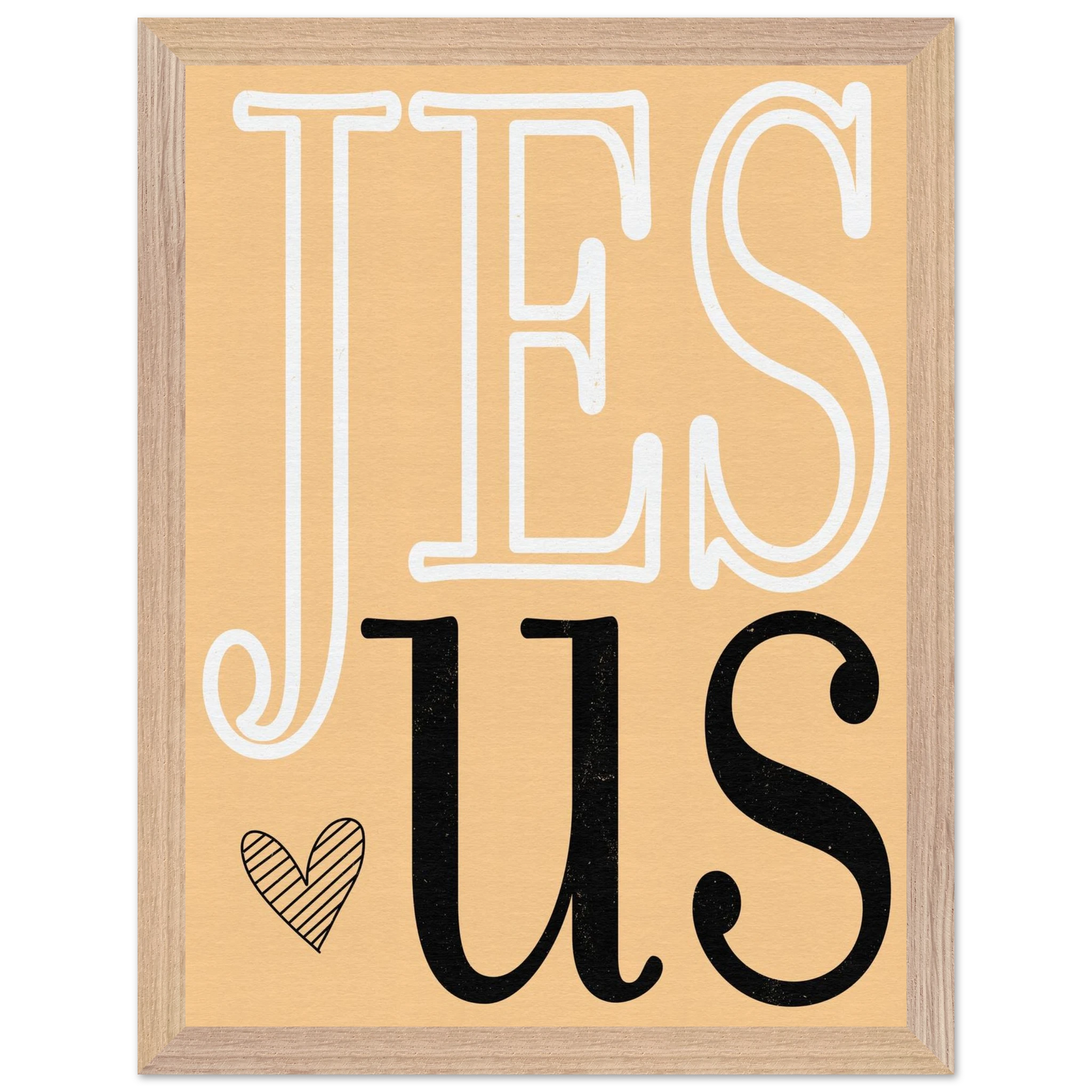 Framed artwork with 'Jesus' text on a beige background