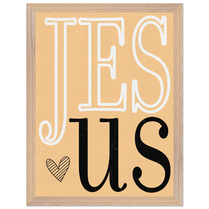 Framed artwork with 'Jesus' text on a beige background