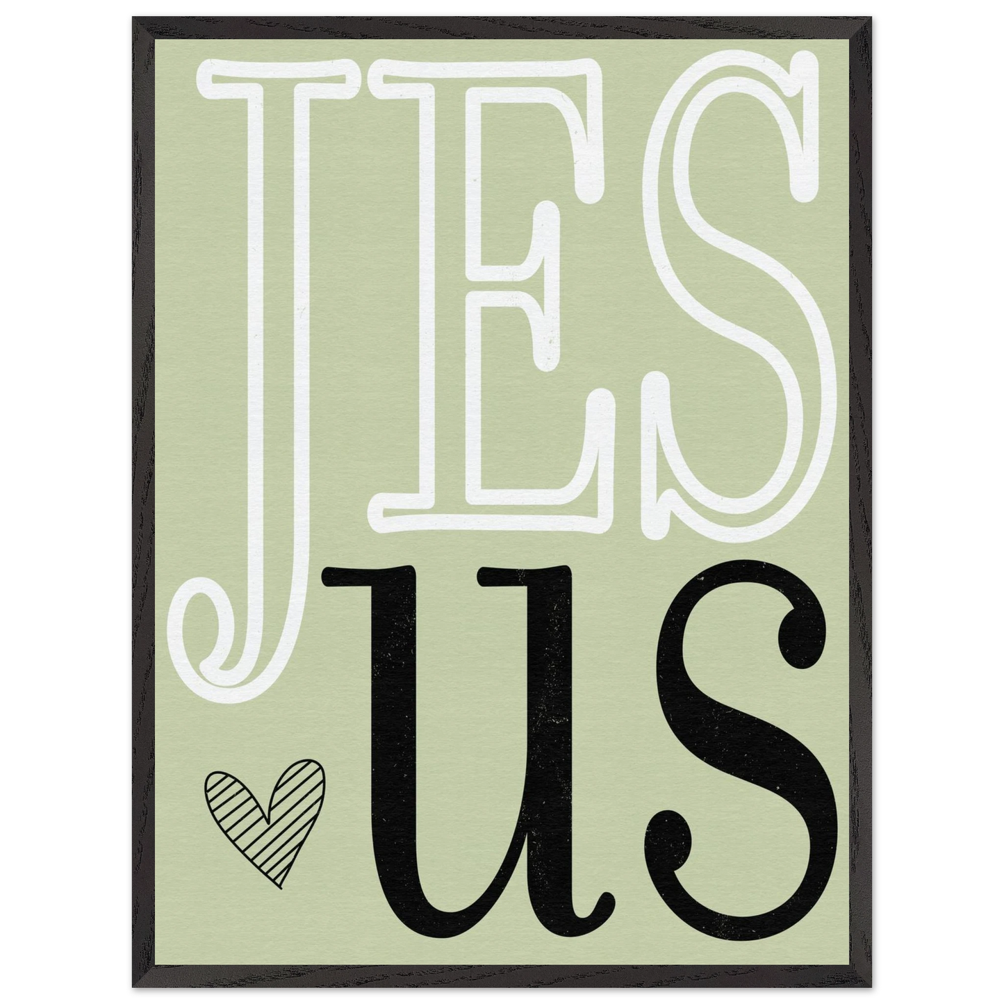 Decorative sign with 'JESUS' text on a light green background