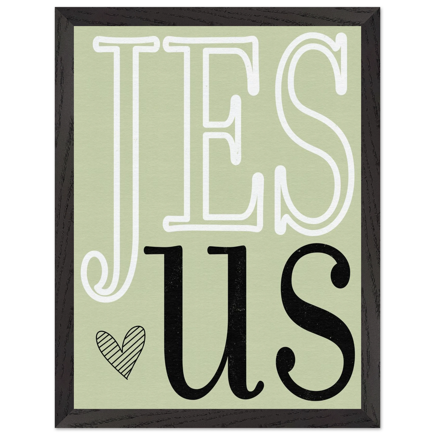 Framed artwork with 'Jesus' text on a light green background