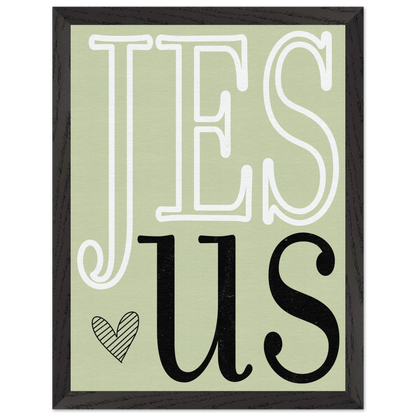 Framed artwork with 'Jesus' text on a light green background